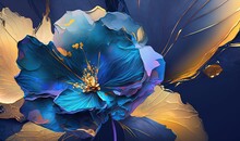  A Blue And Yellow Flower With Yellow Stamens On A Dark Background With A Yellow Stamen On The Center Of The Flower And A Yellow Stamen On The Center Of The Petals.  Generative Ai