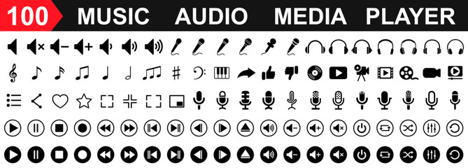 set 100 media player control icons, music, sound and cinema icon set, interface multimedia symbols v