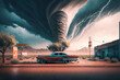 © Czintos Ödön - The tornado destroys the landscape. It can cause extremely high damage. Tornado background with double exposure. AI generated illustration.