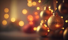 A Group Of Christmas Ornaments Hanging From A Christmas Tree With A Blurry Background Of Christmas Lights In The Background And A Pine Branch In The Foreground.  Generative Ai