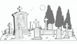 © PaulShlykov - Cemetery landscape at night, tombstone with RIP inscription, cartoon. Gravestones with cross, angel figure, ossuary or crypt in moonlight, halloween illustration isolated on white background