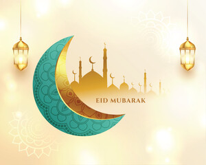 Wall Mural - beautiful  eid mubarak shiny background with realistic moon and mosque