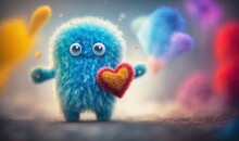  A Very Cute Little Blue Monster Holding A Heart Shaped Object In His Hands With A Lot Of Colored Bubbles In The Air In The Background.  Generative Ai
