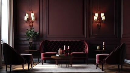 a room reception or living hall with an armchair. deep burgundy marsala red color. dark wine velvet 