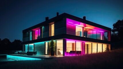 Wall Mural - Modern villa with colored led lights at night. generative ai