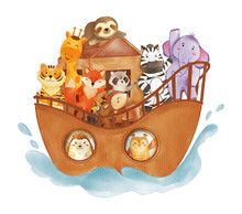 Noah 's Ark With Many Wildlife Animals . The Flood Concept . Realistic Watercolor Paint With Paper Textured . Cartoon Character Design . Vector .