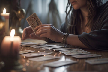 closeup of a woman's hands reading tarot cards at a table a mystical environment, generative ai