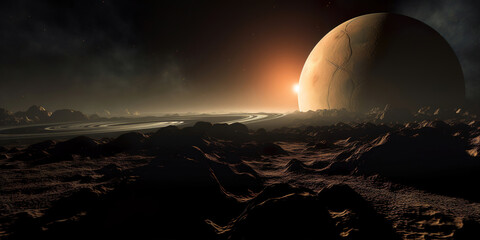 Wall Mural - astronomy illustration concept, sunrise over an alien planet, generative ai