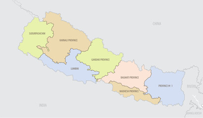  Detailed map of Nepal with administrative divisions and borders of neighboring countries, vector illustration on white background