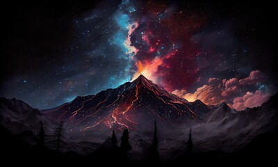 A painting of a mountain with a blue sky and stars, generative AI