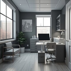 a modern medical office with a monochromatic color scheme of shades of gray and white. generative ai