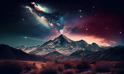 A starry night sky with a mountain in the background, generative AI