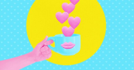 Wall Mural - Modern loop photo collage animation. Hand holding positive, love cup. Happy concept