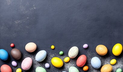 Wall Mural - grey and golden Festive Painted Easter eggs with golden glitter on grey background