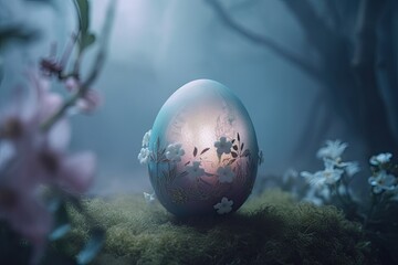 Wall Mural - Fantasy Spectral Easter Egg in Fantasy Fairy Mist Background with flowers festive background for decorative design