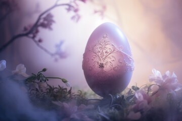 Wall Mural - Fantasy Spectral Easter Egg in Fantasy Fairy Mist Background with flowers festive background for decorative design