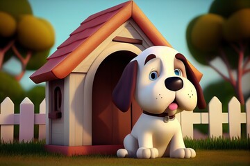 Cute 3d Cartoon Dog in Front of a Dog House. Generative AI. Digital Art Illustration