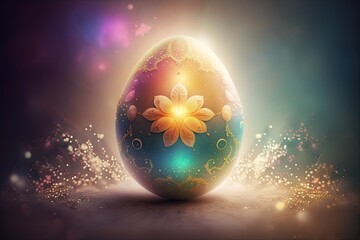 Wall Mural - Fantasy Spectral Easter Egg in Fantasy Fairy Mist Background with flowers festive background for decorative design