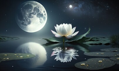  a white lotus sitting on top of a lake under a full moon filled sky with a full moon in the distance behind it and a full moon in the distance.  generative ai