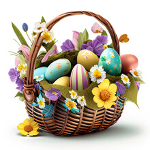 Easter Bucket With Eggs And Flowers For Spring Easter Holiday