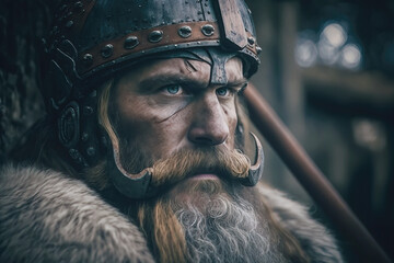 Wall Mural - Illustration of handsome strong and muscular Viking warrior. Historical Viking culture concept. Generative AI