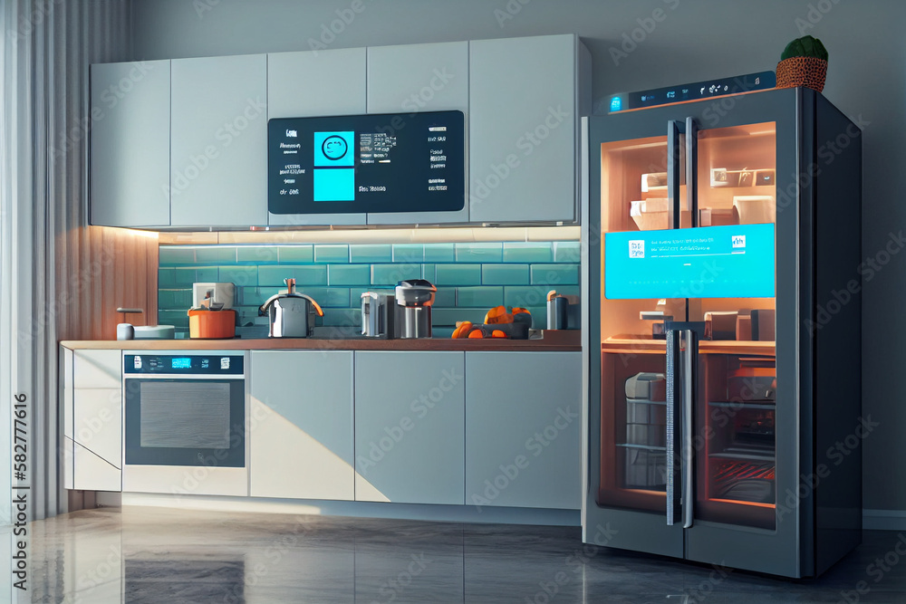 The kitchen of the future with many smart appliances and units with ...