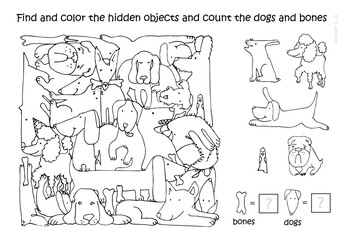 Dogs. Find and color the hidden objects and count the bones, dogs. Coloring page. Game.  Educational puzzle for children. Sketch Vector linear illustration