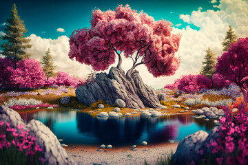 Wall Mural - A peaceful landscape with blossoming trees of every color