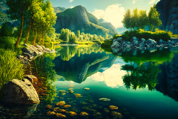  A peaceful river landscape with clear reflections of the surrounding scenery