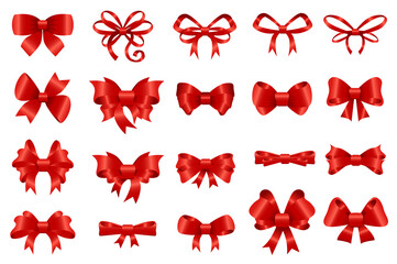 Poster - Red bows set graphic elements in flat design. Bundle of different types of decorative silk or satin bows for gifts, wrapping invitation and decorating presents. Illustration isolated objects