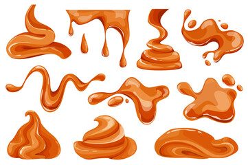 Aufkleber - Melted caramel set graphic elements in flat design. Bundle of caramel flowing and dripping, liquid toffee candies with splash and droplet, confectionery topping. Illustration isolated objects