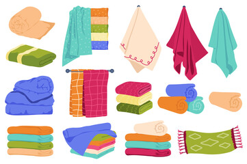 Poster - Towels set graphic elements in flat design. Bundle of colored towels and napkins of various shapes, rolled up, lying in pile, hanging on bathroom or kitchen wall. Illustration isolated objects