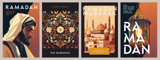 ramadan kareem and eid mubarak islamic illustrations set for posters, cards, holiday covers with ara