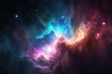 A cosmic luminous nebula background. Beauty of endless cosmos. Science fiction art. Generative AI illustration.
