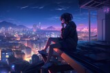 Fototapeta  - girl sitting on a ledge, cyberpunk, anime style. generative AI