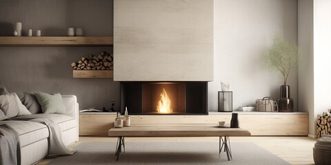 Wall Mural - Modern home interior with fireplace Scandinavian, 3d render Generative AI