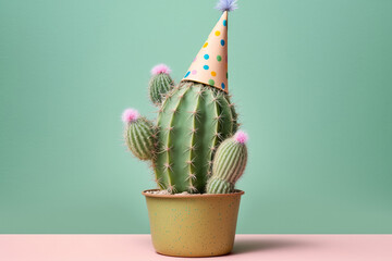 Sticker - Cactus wearing a party celebration hat. Cinco de mayo celebration background. Generative ai