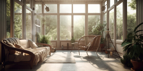 Canvas Print - Sunroom interior, 3d render. Generative AI