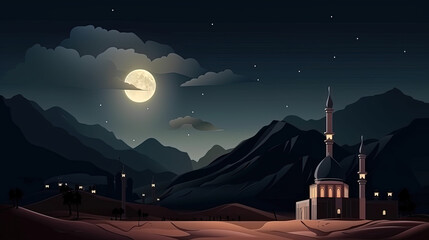 Wall Mural - Mosque night view, sand and calm atmosphere mountain, Generate AI