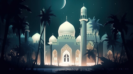 Wall Mural - Mosque night view, sand and calm atmosphere mountain, Generate AI