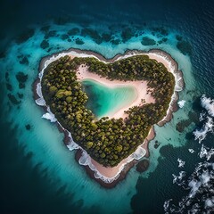 Wall Mural - Aerial view of a tropical island in shape of heart, generative ai illustration