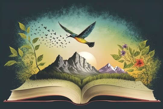 Magic Open book with whole world inside concept. Paper art mointains, forest trees with birds at open book pages.