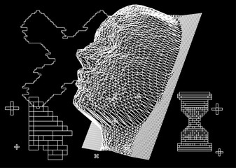 Aufkleber - 3D human head made of a polygonal mesh. Concept of a facial recognition systems and biometrics.