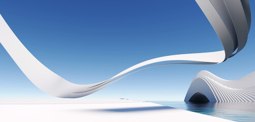 3d render surreal white minimal architecture background with geometric shapes, abstract fantastic de