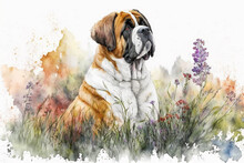Watercolor Painting Of Beautiful Saint Bernard Dog In A Colorful Flower Field. Ideal For Art Print, Greeting Card, Springtime Concepts Etc. Made With Generative AI.