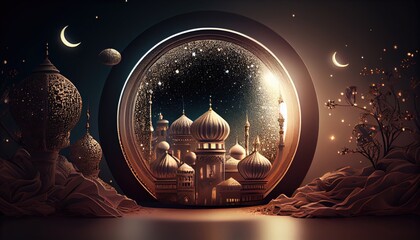 Beauty of mosque on ramadan celebration background illustration. copy space area background. Generative AI.