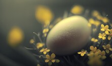 A White Egg Sitting On Top Of A Pile Of Yellow Flowers On Top Of A Black Tablecloth Covered In Yellow Flakes Of Flowers.  Generative Ai