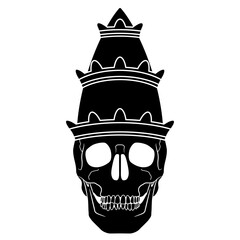 human skull wearing tiered papal or bishop tiara. black and white negative silhouette.