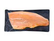 Vacuum packaged salmon fish isolated on white background.