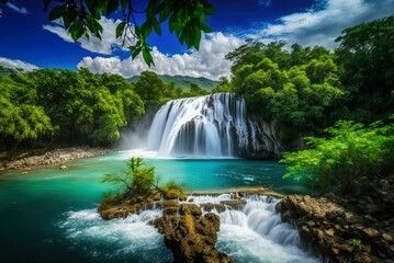 ungle waterfall in the philippines, river falls from rocks, waterfall in the philippine islands, asi